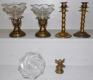 Lot of Brass & Glass Candlesticks