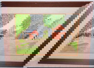 Framed Watercolor Farm Scene