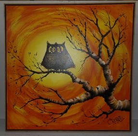 Framed Oil on Canvas of Owl Artist Signed