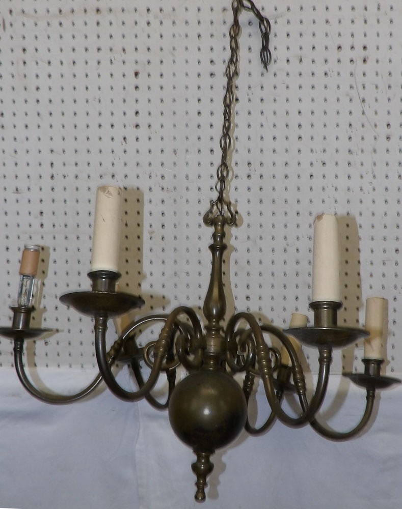Antique Brass Six Light Chandelier: Antique Brass Six Light Chandelier . 20" H 27" Dia. "ALL DESCRIPTIONS AND ANY CONDITION STATEMENT GIVEN BY LANGSTON AUCTION GALLERY ARE STRICTLY OPINIONS AND LANGSTON'S SHALL HAVE NO RESPONSIBILITY FO