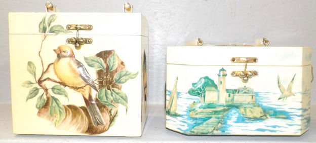Two Decoupage Decorated Ladies Box Form Purses with Bakelite Handles