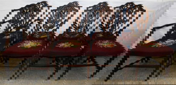 Set of Eight Mahogany & Needlepoint Seat Shield Back Dining Chairs