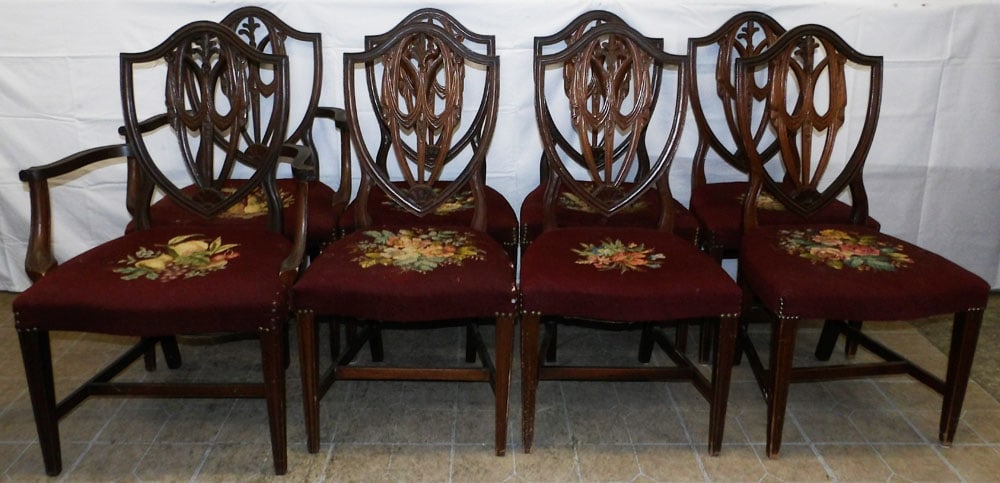 Set of Eight Mahogany & Needlepoint Seat Shield Back Dining Chairs (1 of 13)