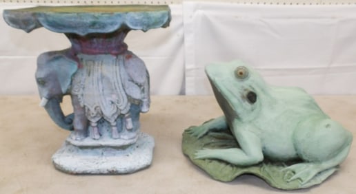 Painted Ceramic Elephant Garden Seat & Painted Resin Frog