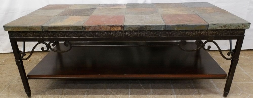 Iron & Tile Top Coffee Table: Iron & Tile Top Coffee Table . 20" H 53" W 27" D "ALL DESCRIPTIONS AND ANY CONDITION STATEMENT GIVEN BY LANGSTON AUCTION GALLERY ARE STRICTLY OPINIONS AND LANGSTON'S SHALL HAVE NO RESPONSIBILITY FOR E