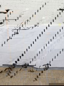 Two Wrought Iron Floor Lamps & Antique Wood Candlestick