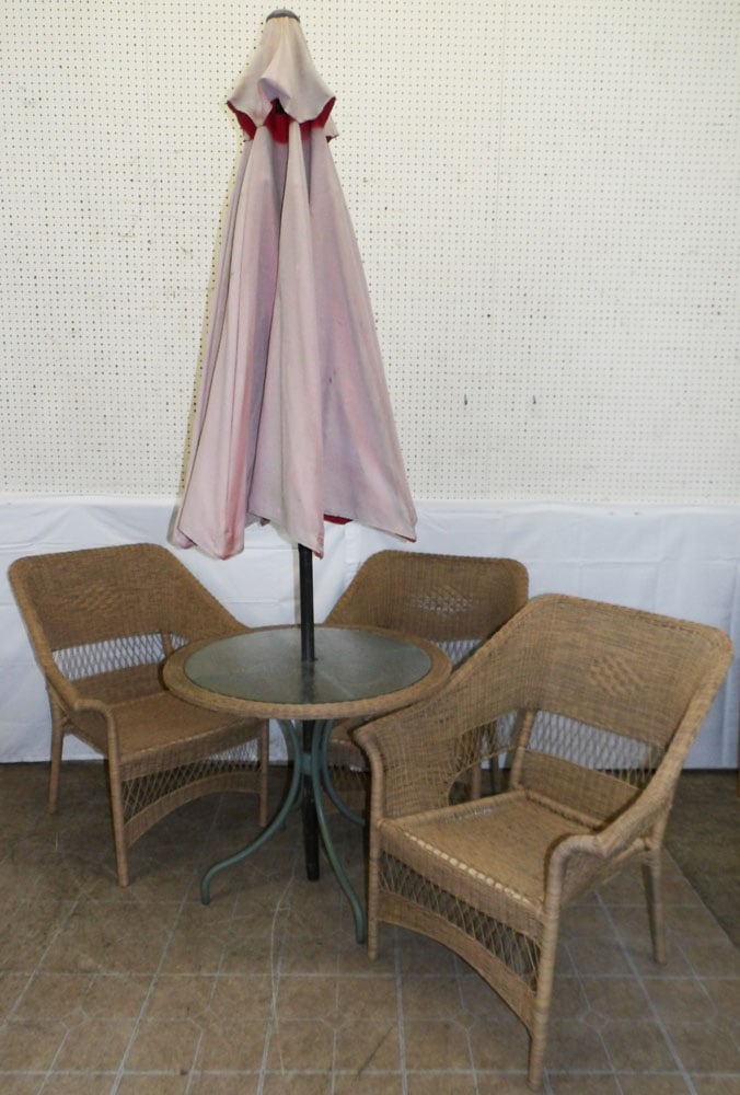 Faux Wicker Outdoor Glass Top Table with Two Chairs: Faux Wicker Outdoor Glass Top Table with Two Chairs . 27 3/4" H 32" Dia "ALL DESCRIPTIONS AND ANY CONDITION STATEMENT GIVEN BY LANGSTON AUCTION GALLERY ARE STRICTLY OPINIONS AND LANGSTON'S SHALL HAVE