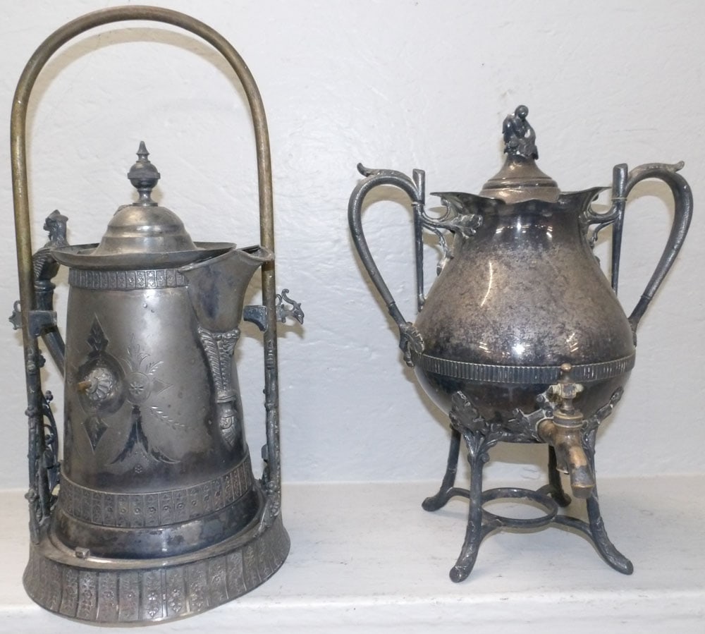 Silverplated Tilting Pitcher & Hot Water Urn: Silverplated Tilting Pitcher & Hot Water Urn. 18" H 9" W "ALL DESCRIPTIONS AND ANY CONDITION STATEMENT GIVEN BY LANGSTON AUCTION GALLERY ARE STRICTLY OPINIONS AND LANGSTON'S SHALL HAVE NO RESPONSIBILI