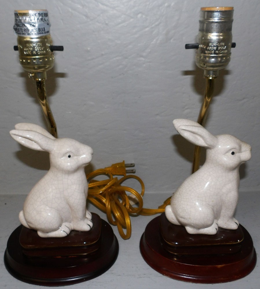 Pair of Porcelain Crackleware Rabbit Lamps: Pair of Porcelain Crackleware Rabbit Lamps . 12 1/4" H 5" W "ALL DESCRIPTIONS AND ANY CONDITION STATEMENT GIVEN BY LANGSTON AUCTION GALLERY ARE STRICTLY OPINIONS AND LANGSTON'S SHALL HAVE NO RESPONSIB