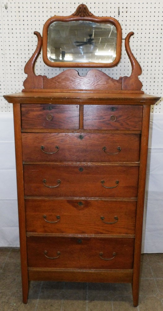 Antique Oak Gentleman's Chest with Mirror: Antique Oak Gentleman's Chest with Mirror. 69" H 31" W 19" D "ALL DESCRIPTIONS AND ANY CONDITION STATEMENT GIVEN BY LANGSTON AUCTION GALLERY ARE STRICTLY OPINIONS AND LANGSTON'S SHALL HAVE NO RESPONSI