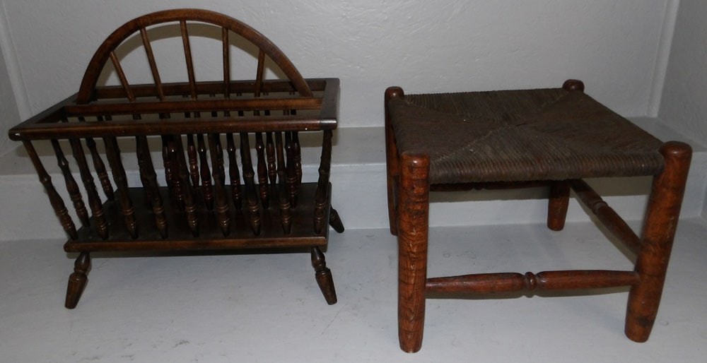 Walnut Canterbury And Rush Top Stool: Walnut Canterbury And Rush Top Stool. 18 1/2" H 19" W 10" D "ALL DESCRIPTIONS AND ANY CONDITION STATEMENT GIVEN BY LANGSTON AUCTION GALLERY ARE STRICTLY OPINIONS AND LANGSTON'S SHALL HAVE NO RESPONSIB