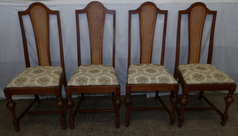Set Four Walnut Cane Back Dining Chairs: Set Four Walnut Cane Back Dining Chairs. 42 3/4" H 18" W 18 1/2" D "ALL DESCRIPTIONS AND ANY CONDITION STATEMENT GIVEN BY LANGSTON AUCTION GALLERY ARE STRICTLY OPINIONS AND LANGSTON'S SHALL HAVE NO RE