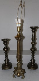 Two Metal Candle Holders & Gilded Metal Lamp