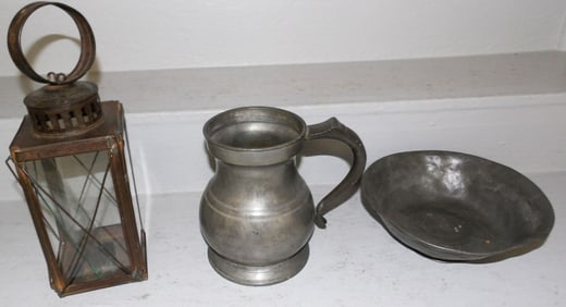 Antique Pewter Pitcher - Bowl - Tole Lantern - Painted Metal Lamp