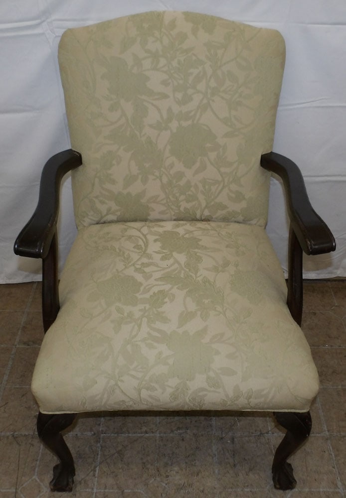 Painted Wood Upholstered Arm Chair: Painted Wood Upholstered Arm Chair. 36" H 25" W 27" D "ALL DESCRIPTIONS AND ANY CONDITION STATEMENT GIVEN BY LANGSTON AUCTION GALLERY ARE STRICTLY OPINIONS AND LANGSTON'S SHALL HAVE NO RESPONSIBILITY