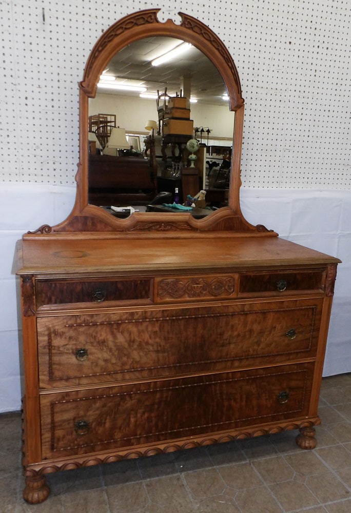 Antique Walnut Three Drawer Dresser With Mirror: Antique Walnut Three Drawer Dresser With Mirror. 70" H 48" W 20" D "ALL DESCRIPTIONS AND ANY CONDITION STATEMENT GIVEN BY LANGSTON AUCTION GALLERY ARE STRICTLY OPINIONS AND LANGSTON'S SHALL HAVE NO RE