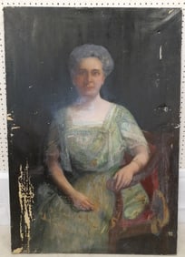 Antique Oil On Canvas Portrait Of Lady