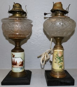 Two Antique Painted Glass Oil Lamps- One Electrified