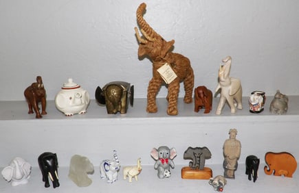 Lot Wood Carved Items - Porcelain - Stone Elephant Figurines - Brass Items