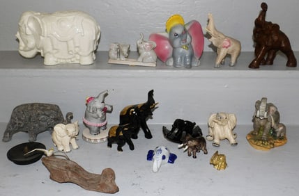 Lot Porcelain & Wood Elephant Figurines & Elephant Bank