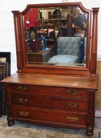 Antique Oak Three Drawer Dresser With Beveled Mirror