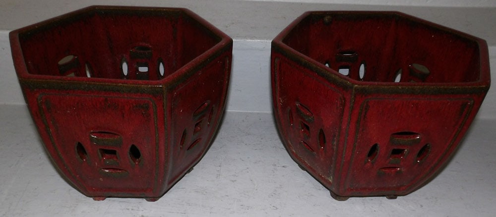 Pair Oriental Open Work Pottery Jardini?res: Pair Oriental Open Work Pottery Jardini?res. 8 1/2" H 11 1/2" Dia. "ALL DESCRIPTIONS AND ANY CONDITION STATEMENT GIVEN BY LANGSTON AUCTION GALLERY ARE STRICTLY OPINIONS AND LANGSTON'S SHALL HAVE NO RE