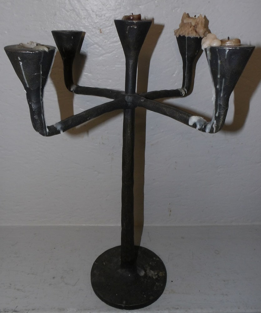 Painted Metal Four Light Candelabra: Painted Metal Four Light Candelabra. 18 1/2" H 13 1/2" Dia "ALL DESCRIPTIONS AND ANY CONDITION STATEMENT GIVEN BY LANGSTON AUCTION GALLERY ARE STRICTLY OPINIONS AND LANGSTON'S SHALL HAVE NO RESPONSIBI