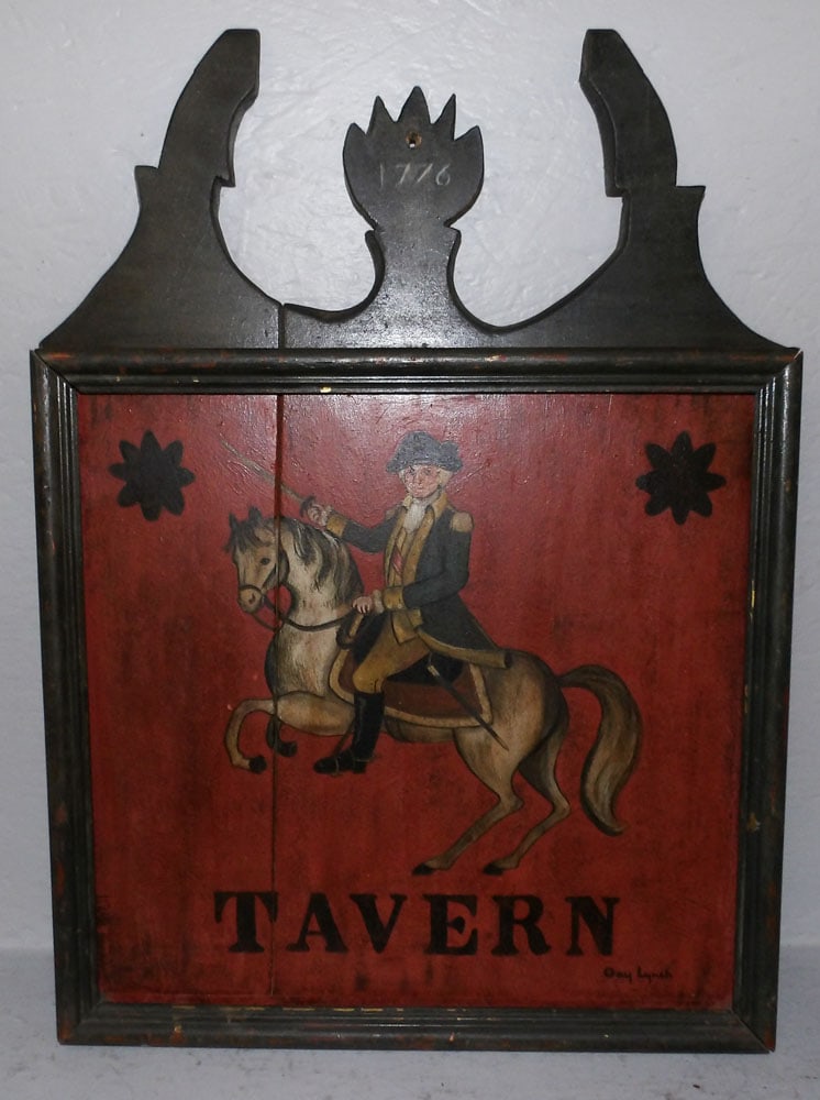Painted Wood Tavern Sign with Washington on Horseback: Painted Wood Tavern Sign with Washington on Horseback. 24 1/4" x 17 1/2" "ALL DESCRIPTIONS AND ANY CONDITION STATEMENT GIVEN BY LANGSTON AUCTION GALLERY ARE STRICTLY OPINIONS AND LANGSTON'S SHALL HAVE