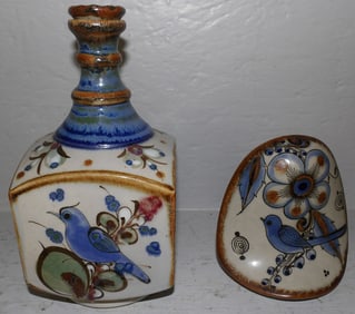 Painted Pottery Decanter & Owl Figure