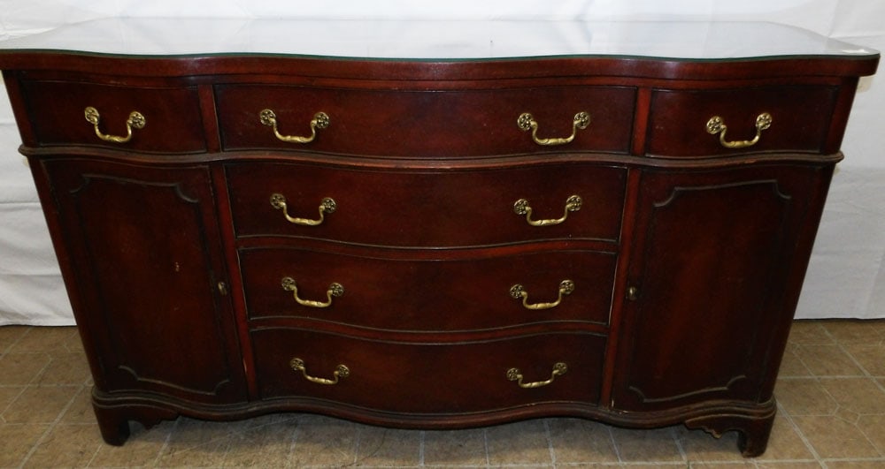 Mahogany Serpentine Front Sideboard: Mahogany Serpentine Front Sideboard . 36" H 63 1/2" W 21 3/4" D "ALL DESCRIPTIONS AND ANY CONDITION STATEMENT GIVEN BY LANGSTON AUCTION GALLERY ARE STRICTLY OPINIONS AND LANGSTON'S SHALL HAVE NO RESPO