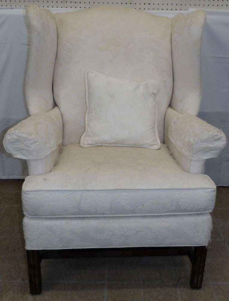 Upholstered Wing Back Chair: Upholstered Wing Back Chair . 43 1/2" H 33" W 32" D "ALL DESCRIPTIONS AND ANY CONDITION STATEMENT GIVEN BY LANGSTON AUCTION GALLERY ARE STRICTLY OPINIONS AND LANGSTON'S SHALL HAVE NO RESPONSIBILITY FO