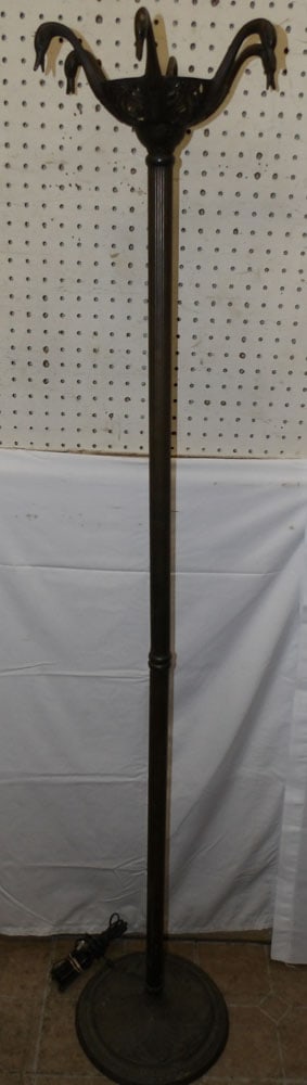 Brass Floor Lamp with Swan Head Top: Brass Floor Lamp with Swan Head Top . 65" H 12" Dia. "ALL DESCRIPTIONS AND ANY CONDITION STATEMENT GIVEN BY LANGSTON AUCTION GALLERY ARE STRICTLY OPINIONS AND LANGSTON'S SHALL HAVE NO RESPONSIBILITY F