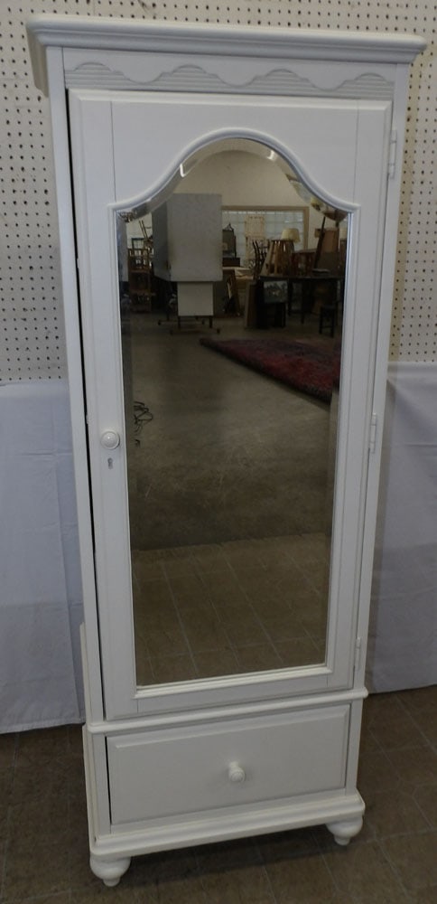 Painted Cabinet with Bevel Edge Mirror Door: Painted Cabinet with Bevel Edge Mirror Door . 69" H 26" W 18 1/4" D "ALL DESCRIPTIONS AND ANY CONDITION STATEMENT GIVEN BY LANGSTON AUCTION GALLERY ARE STRICTLY OPINIONS AND LANGSTON'S SHALL HAVE NO R