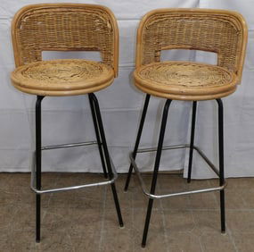 Pair of Metal & Rattan Swivel Bar Stools