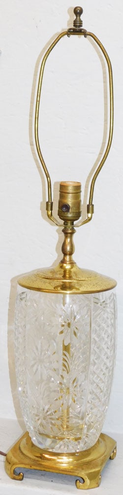 Mid Century Brass & Cut Floral & Leaf Motif Lead Crystal Lamp (1 of 3)