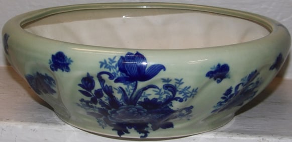 Green Glaze & Blue Chinoiserie Floral Decorated Planter Pot