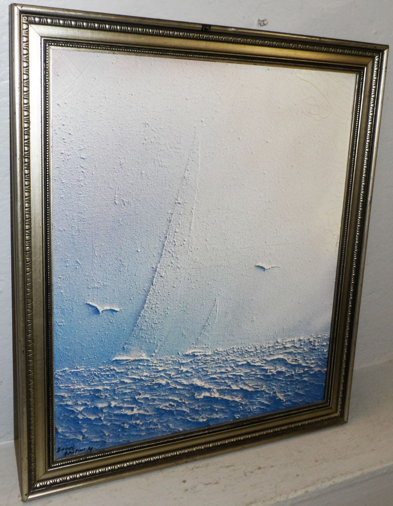 Mid Century Impressionist Painting on Canvas of Sailboat on Sea, Artist Signed: Mid Century Impressionist Painting on Canvas of Sailboat on Sea, Artist Signed. 21” x 24 1/2” "ALL DESCRIPTIONS AND ANY CONDITION STATEMENT GIVEN BY LANGSTON AUCTION GALLERY ARE STRICTLY O