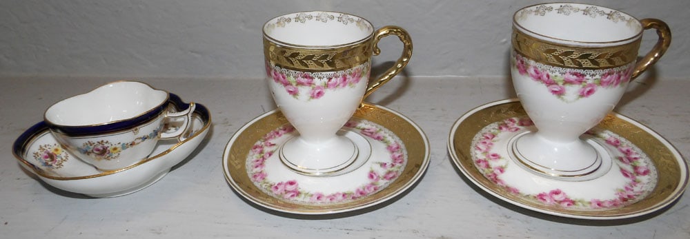 Antique Meissen Porcelain Cup with Underplate & Two Royal Bayreuth Floral Porcelain Cup & Saucers: Antique Meissen Porcelain Cup with Underplate & Two Royal Bayreuth Floral Porcelain Cup & Saucers. Up to 3 1/2” H 5” Dia. "ALL DESCRIPTIONS AND ANY CONDITION STATEMENT GIVEN BY LANGSTON AU