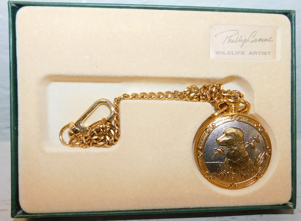 Phillip Crowe Wildlife Artist Pocket Watch & Chain: Phillip Crowe Wildlife Artist Pocket Watch & Chain . 6 1/2" X 4 3/4" "ALL DESCRIPTIONS AND ANY CONDITION STATEMENT GIVEN BY LANGSTON AUCTION GALLERY ARE STRICTLY OPINIONS AND LANGSTON'S SHALL HAVE NO 