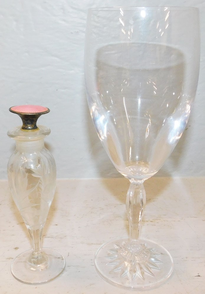 Cut Glass Scent Bottle with Sterling Stopper, (Stopper As Is) & Waterford Water Glass (1 of 3)