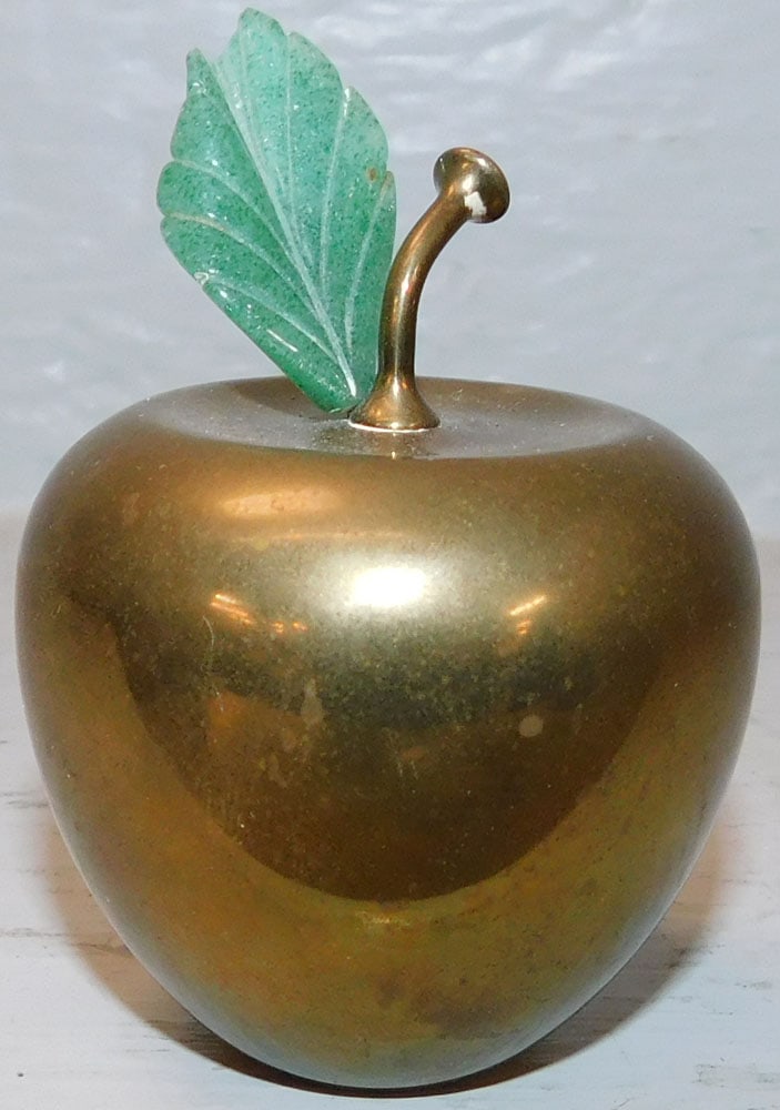 Brass Apple Paperweight with Stone Leaf Signed Gibson: Brass Apple Paperweight with Stone Leaf Signed Gibson. 2 3/4" H 2" Dia "ALL DESCRIPTIONS AND ANY CONDITION STATEMENT GIVEN BY LANGSTON AUCTION GALLERY ARE STRICTLY OPINIONS AND LANGSTON'S SHALL HAVE N