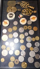 Lot of Foreign Coins, Pins, & Brass Lamp Finials