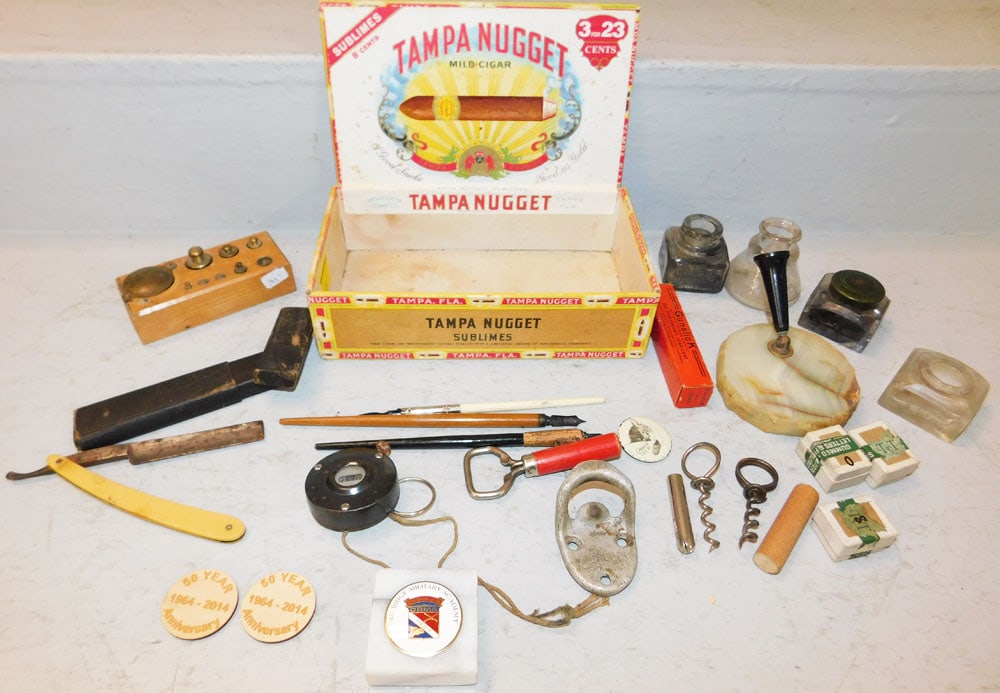 Brass Weights, Glass Ink Bottles, & Items in Cigar Box (1 of 5)