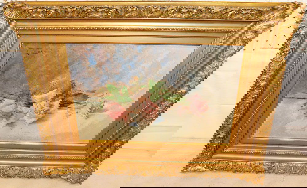 Antique Ornate Gilded Oil on Board Still Life of Roses Artist Signed: Antique Ornate Gilded Oil on Board Still Life of Roses Artist Signed. 20" X 26", "ALL DESCRIPTIONS AND ANY CONDITION STATEMENT GIVEN BY LANGSTON AUCTION GALLERY ARE STRICTLY OPINIONS AND LANGSTON'S