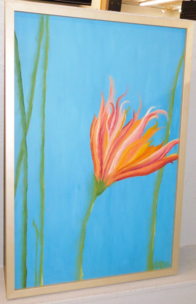 Framed Acrylic on Canvas Still Life of an Orange Flower Signed by Caroline Shaw, Greenville, NC: Framed Acrylic on Canvas Still Life of an Orange Flower Signed by Caroline Shaw, Greenville, NC. 37 3/4" X 25 3/4", "ALL DESCRIPTIONS AND ANY CONDITION STATEMENT GIVEN BY LANGSTON AUCTION GALLERY