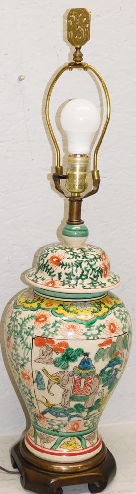 Chinese Crackleware Famille Verte Porcelain Covered Urn Made Into Lamp with Elephant Motif (1 of 4)