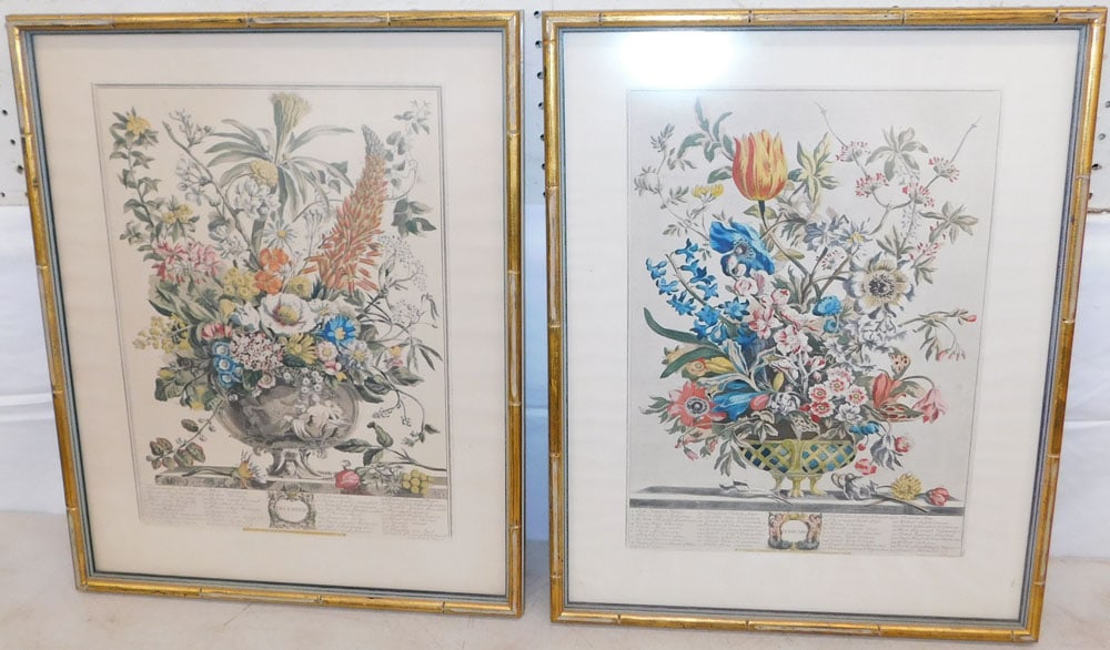 Two Framed Hand Colored Anniversary Engravings " February And December" In Faux Bamboo Frames (1 of 4)