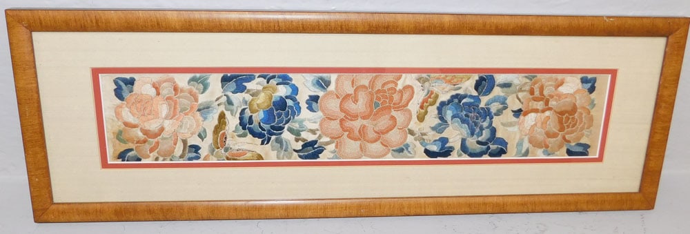 Framed Chinese Silk Embroidery with Floral & Butterfly Motif (1 of 3)