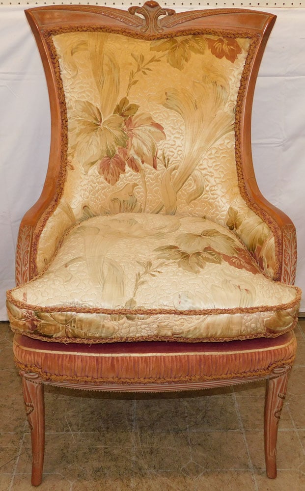 Carved Wood Silk Upholstered Arm Chair (1 of 4)