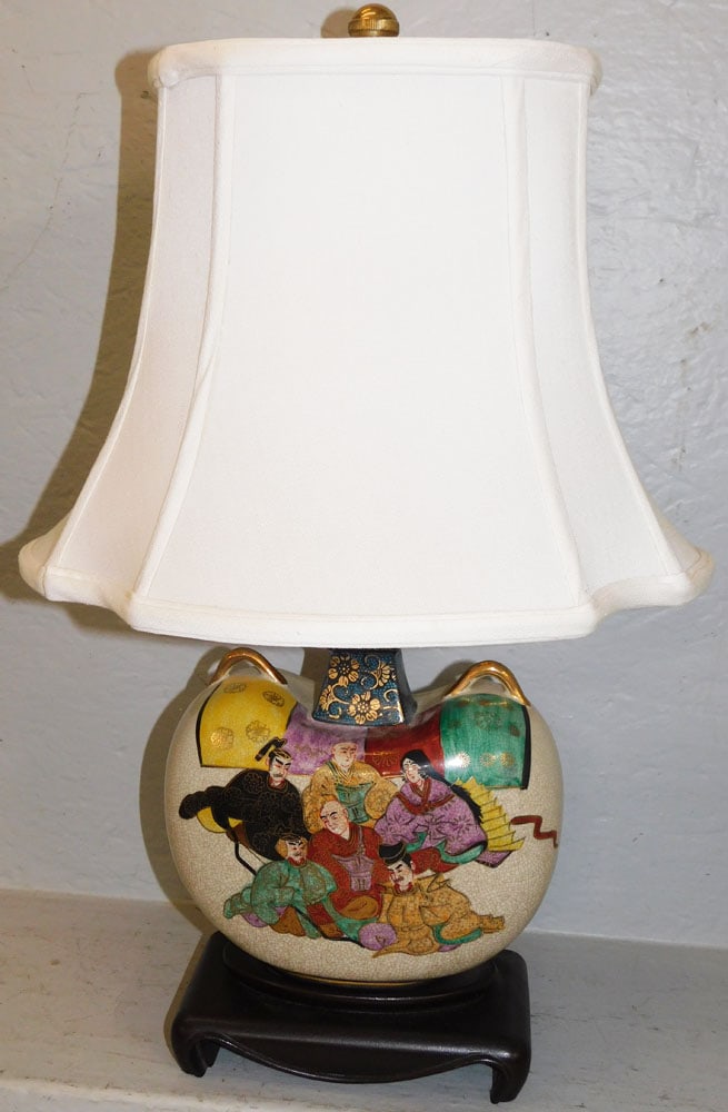 Satsuma Enamel Decorated Moon Flask Form Vase Made Into Lamp on Teak Wood Base (1 of 4)